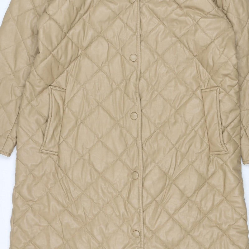 Zara Women Beige UK 14 Long Quilted Padded Snap Jacket