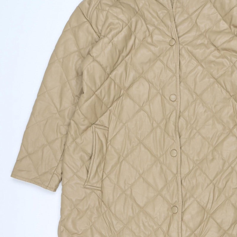 Zara Women Beige UK 14 Long Quilted Padded Snap Jacket