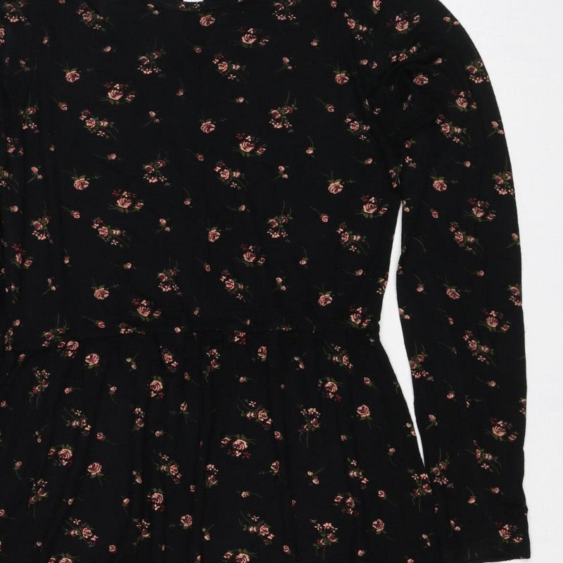 Wednesdays Girl Women Black Floral XS Fit & Flare Long Sleeve Dress