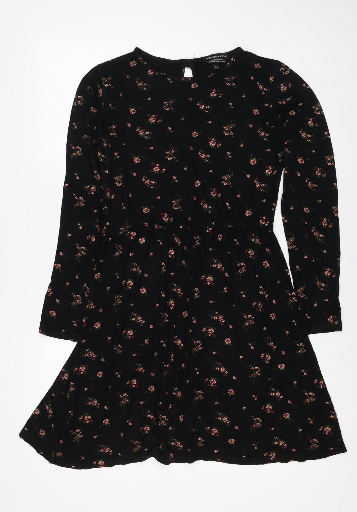 Wednesdays Girl Women Black Floral XS Fit & Flare Long Sleeve Dress