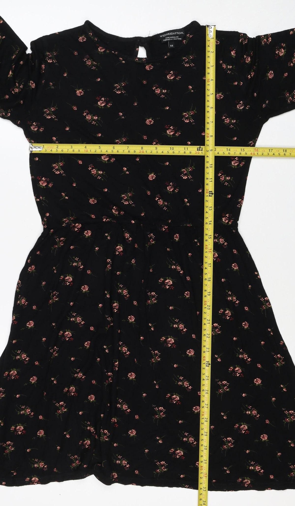 Wednesdays Girl Women Black Floral XS Fit & Flare Long Sleeve Dress