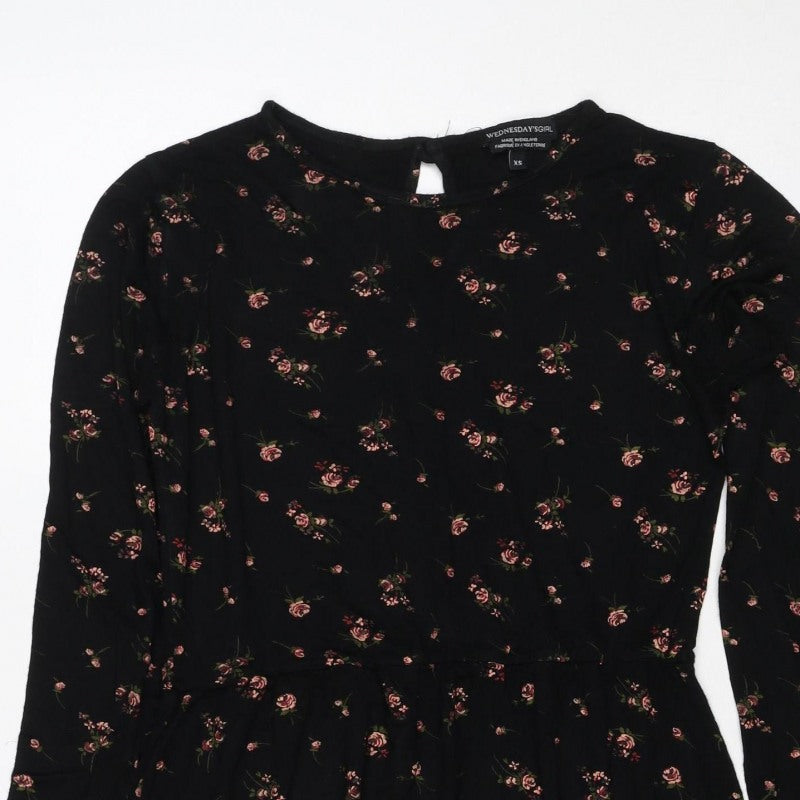 Wednesdays Girl Women Black Floral XS Fit & Flare Long Sleeve Dress