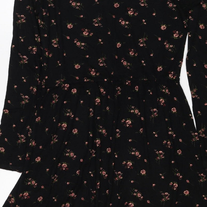 Wednesdays Girl Women Black Floral XS Fit & Flare Long Sleeve Dress