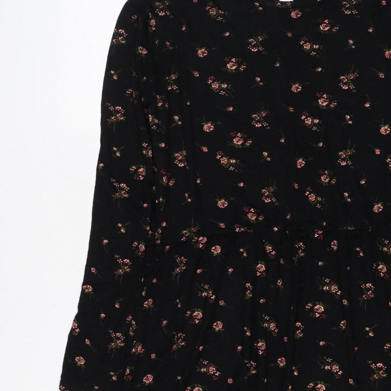 Wednesdays Girl Women Black Floral XS Fit & Flare Long Sleeve Dress