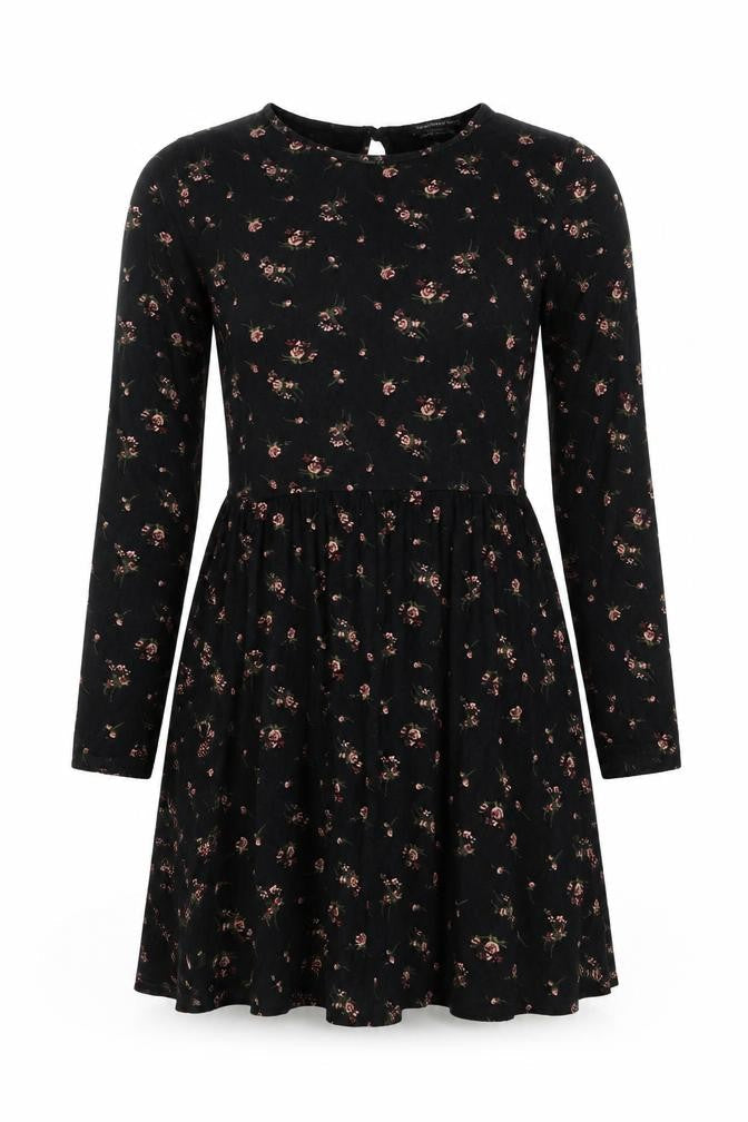 Wednesdays Girl Women Black Floral XS Fit & Flare Long Sleeve Dress