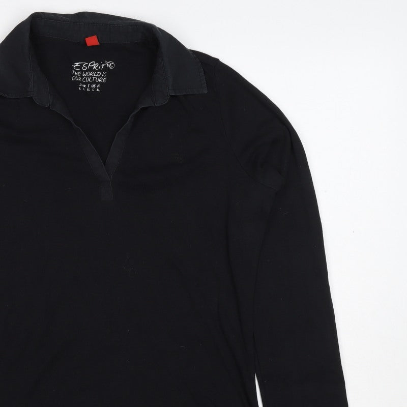 Esprit Women’s Black L Long Sleeve Cotton Jersey Polo Top Collared