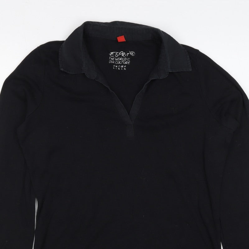 Esprit Women’s Black L Long Sleeve Cotton Jersey Polo Top Collared