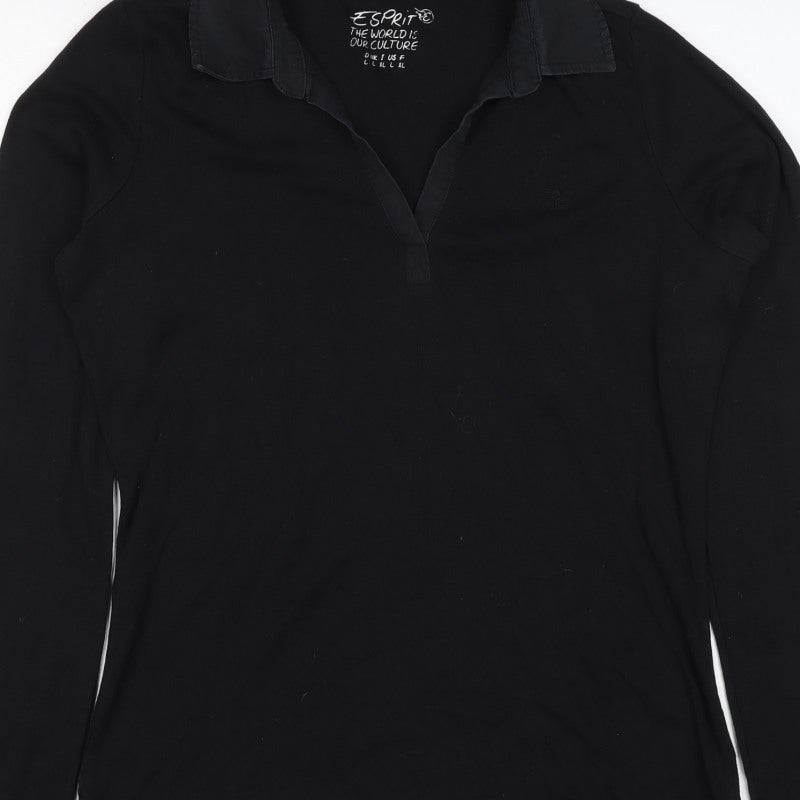 Esprit Women’s Black L Long Sleeve Cotton Jersey Polo Top Collared
