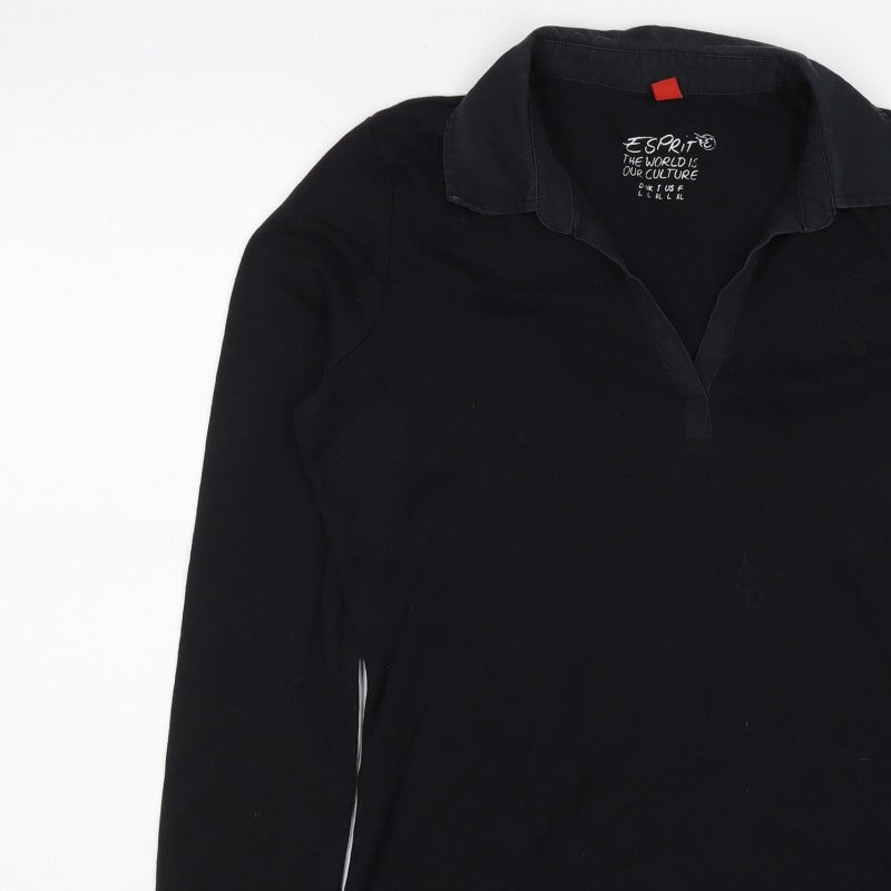 Esprit Women’s Black L Long Sleeve Cotton Jersey Polo Top Collared