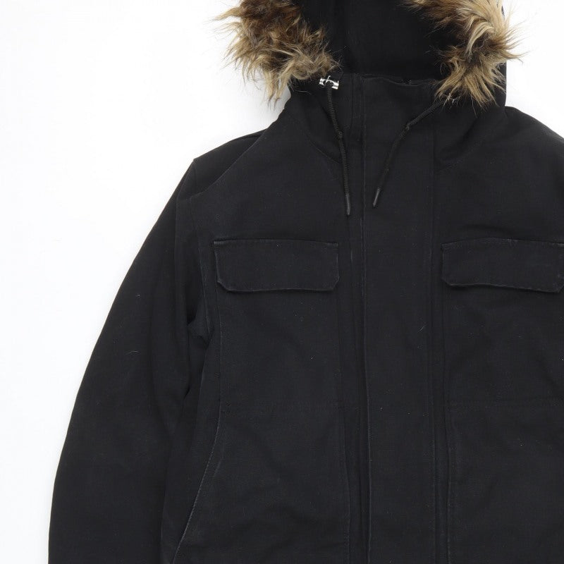H&M LOGG Men’s Black S Fur Trim Hooded Cotton Blend Parka Coat