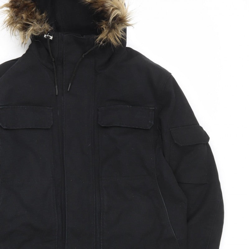 H&M LOGG Men’s Black S Fur Trim Hooded Cotton Blend Parka Coat