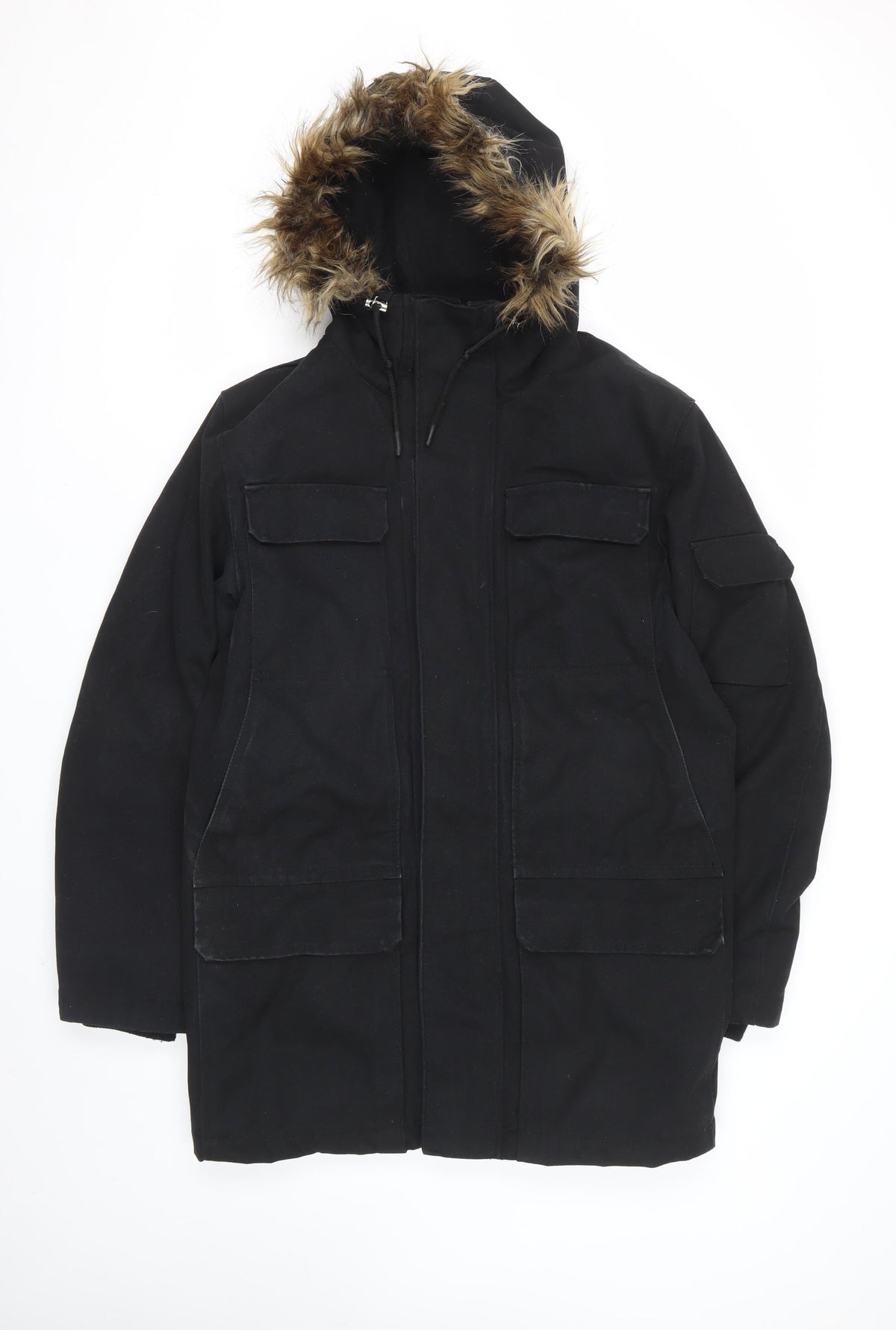 H&M LOGG Men’s Black S Fur Trim Hooded Cotton Blend Parka Coat