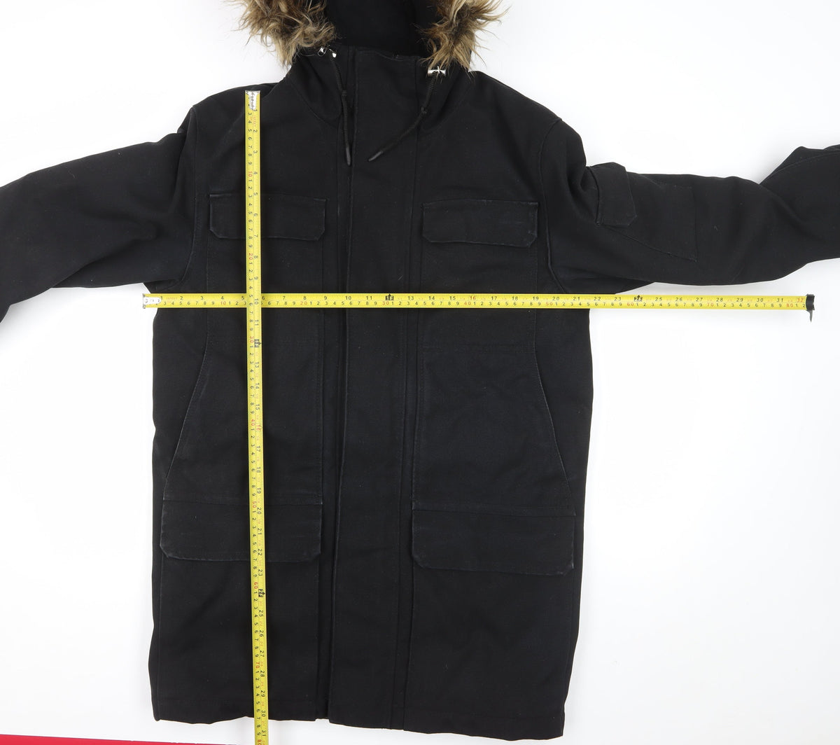 H&M LOGG Men’s Black S Fur Trim Hooded Cotton Blend Parka Coat