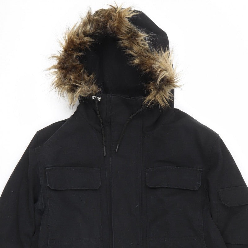 H&M LOGG Men’s Black S Fur Trim Hooded Cotton Blend Parka Coat