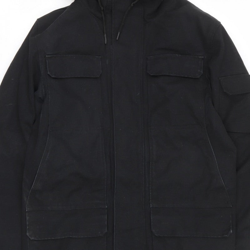 H&M LOGG Men’s Black S Fur Trim Hooded Cotton Blend Parka Coat