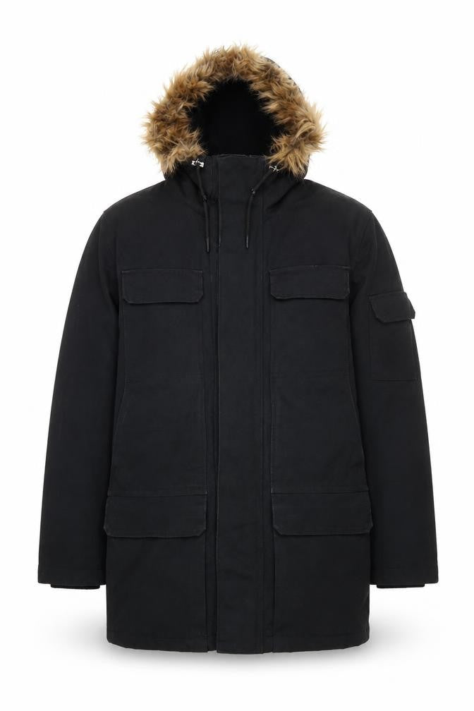 H&M LOGG Men’s Black S Fur Trim Hooded Cotton Blend Parka Coat