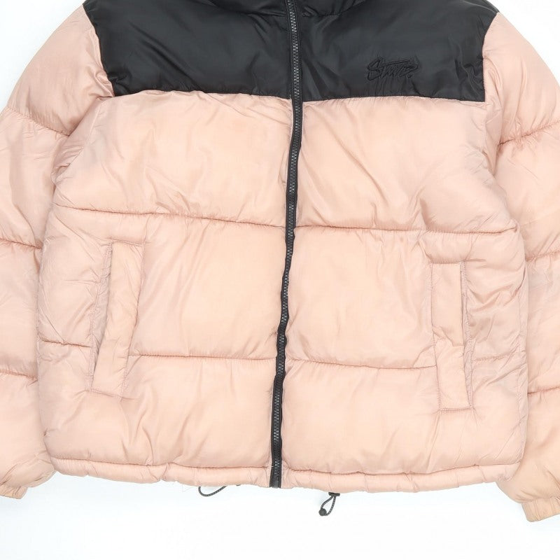 Pull&Bear Women Pink Black M Puffer Jacket Quilted Full Zip