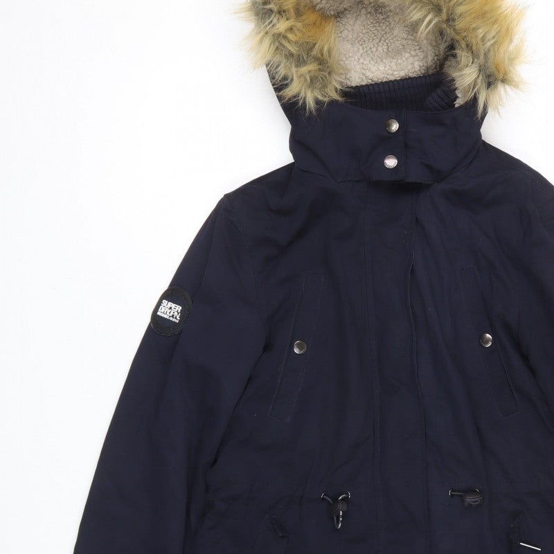 Superdry Women Blue Medium Microfibre Fur Trim Hooded Parka Coat
