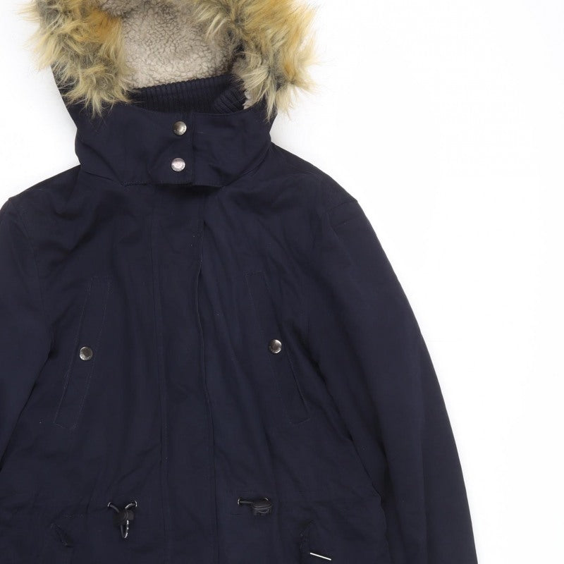 Superdry Women Blue Medium Microfibre Fur Trim Hooded Parka Coat