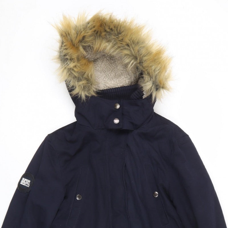 Superdry Women Blue Medium Microfibre Fur Trim Hooded Parka Coat