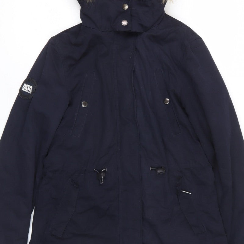 Superdry Women Blue Medium Microfibre Fur Trim Hooded Parka Coat