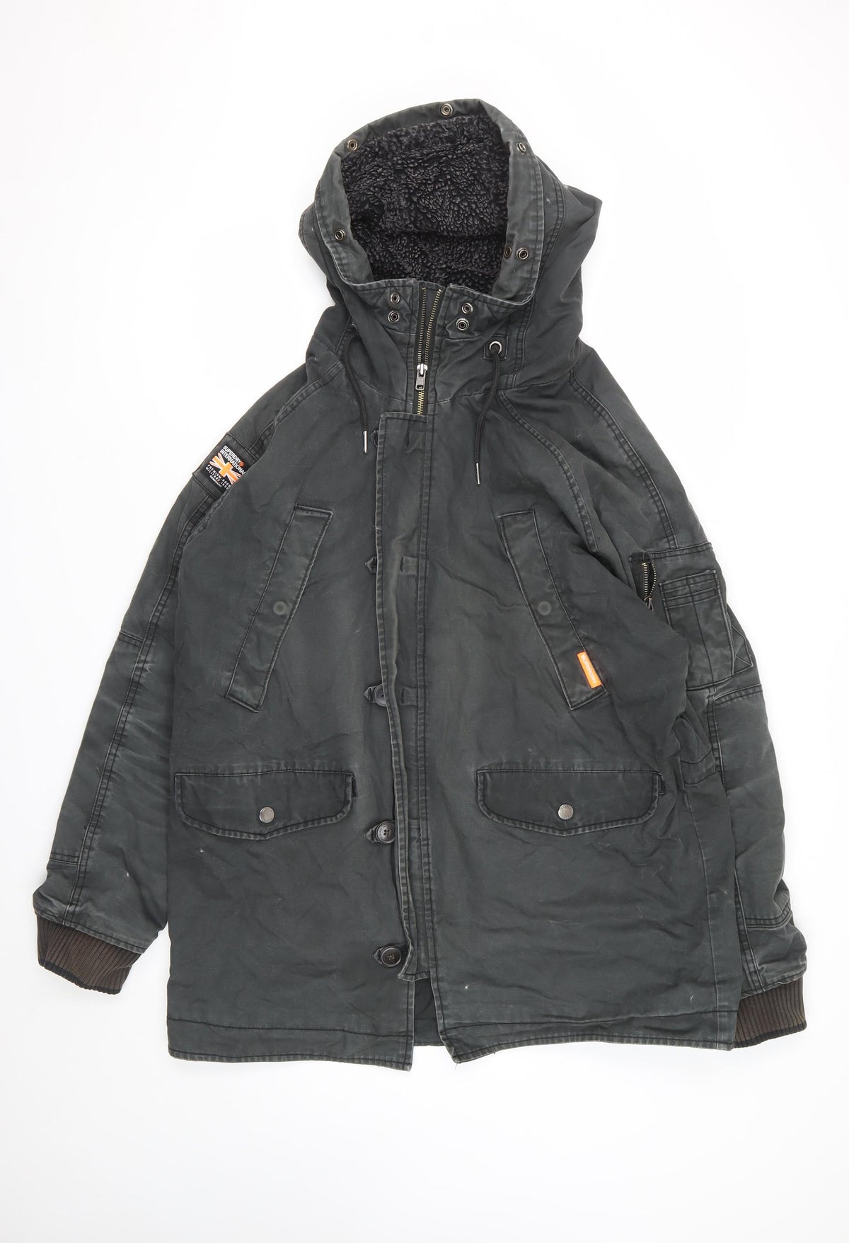 Superdry Mens Black XL Military Parka Hooded Lined Jacket