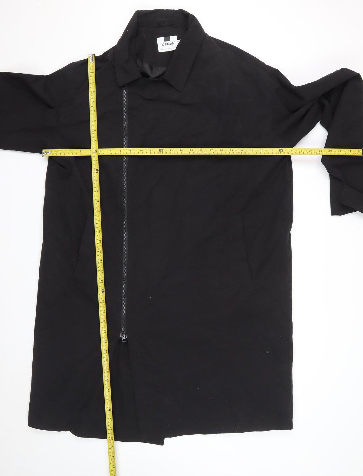 Topman Men’s Black XL Long Zip Overcoat Collared Cotton Blend