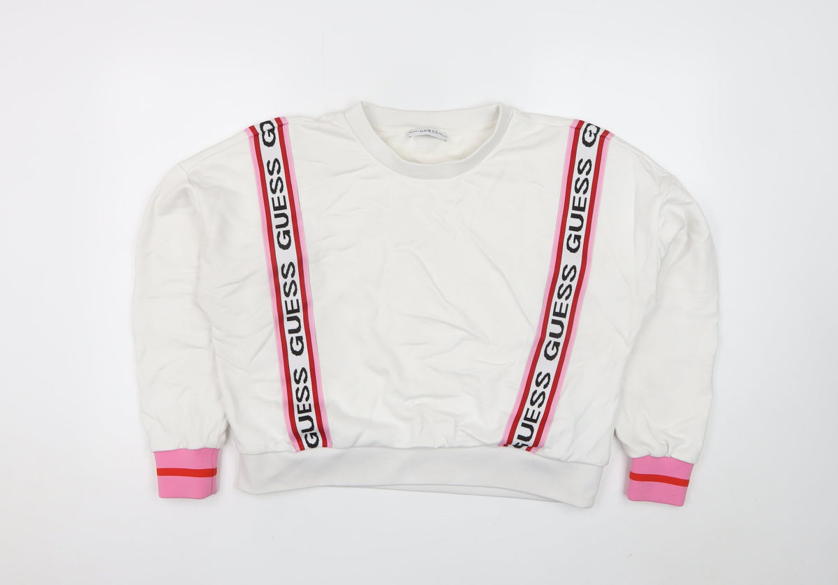 Guess Women’s White Pink Logo Tape Sweatshirt UK 6 Pullover