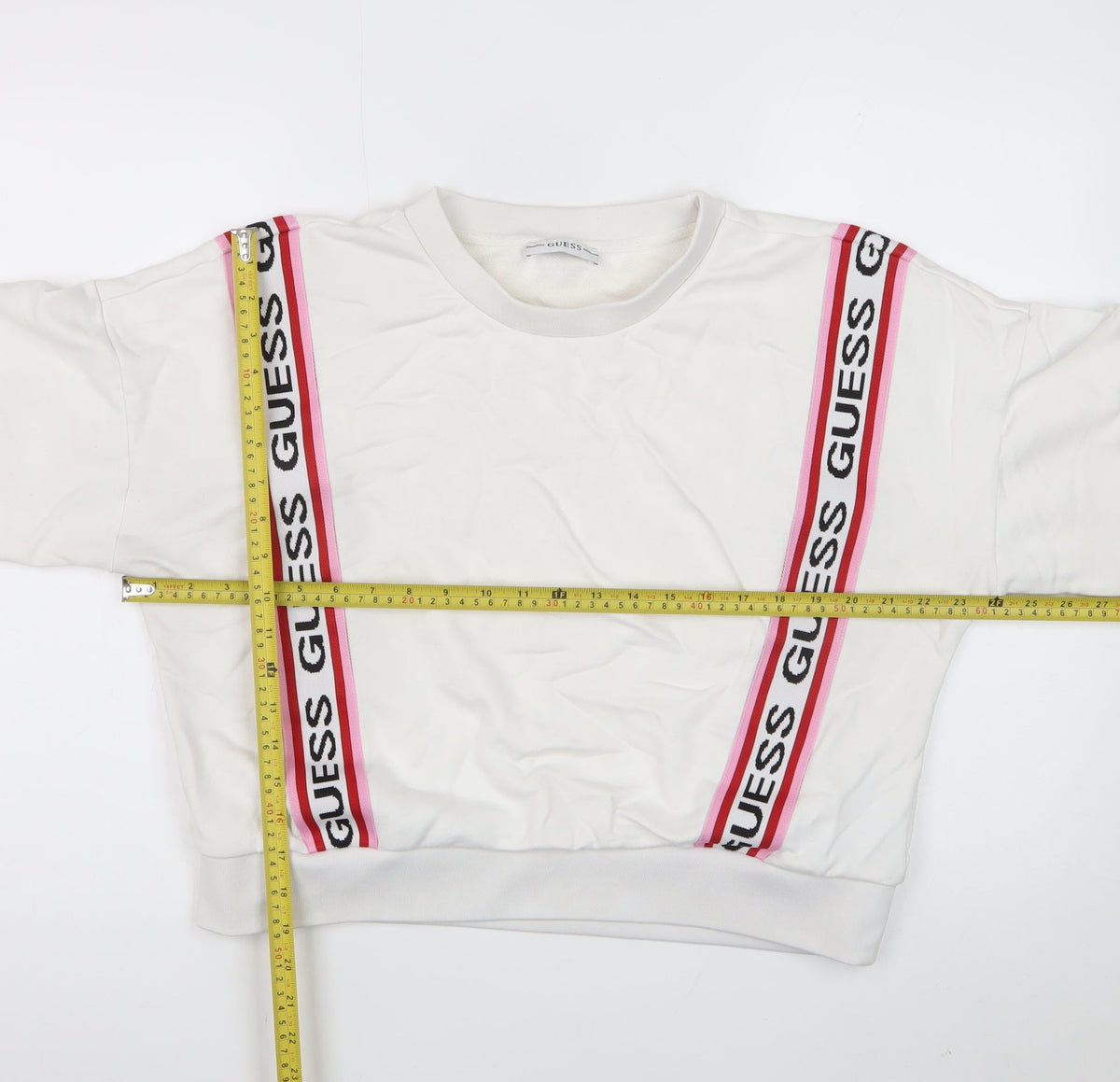 Guess Women’s White Pink Logo Tape Sweatshirt UK 6 Pullover