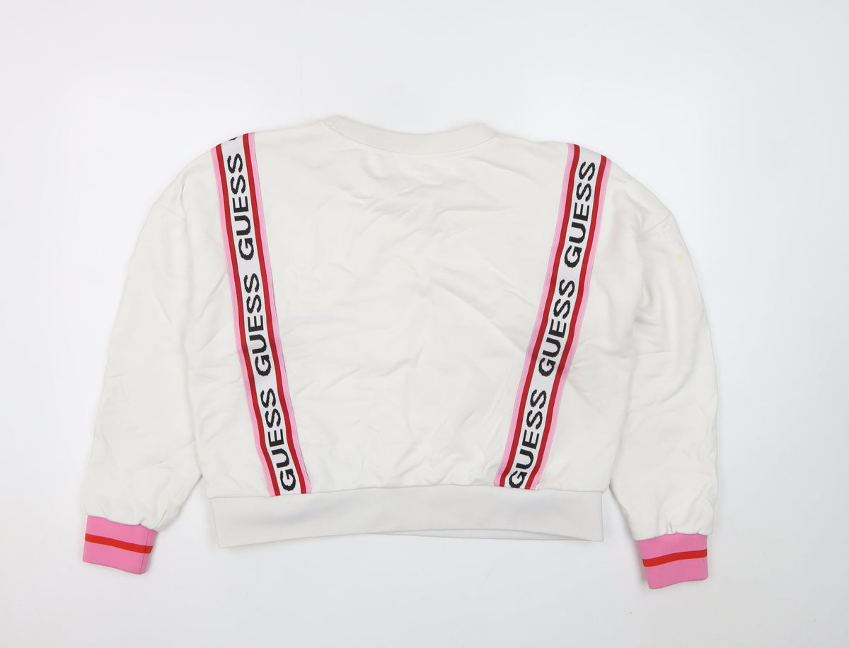 Guess Women’s White Pink Logo Tape Sweatshirt UK 6 Pullover