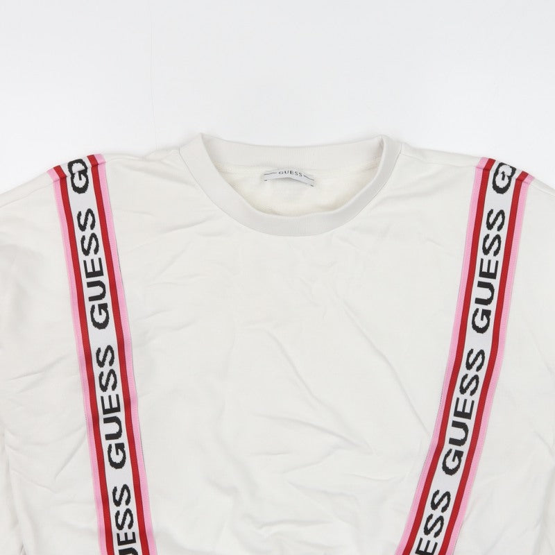 Guess Women’s White Pink Logo Tape Sweatshirt UK 6 Pullover