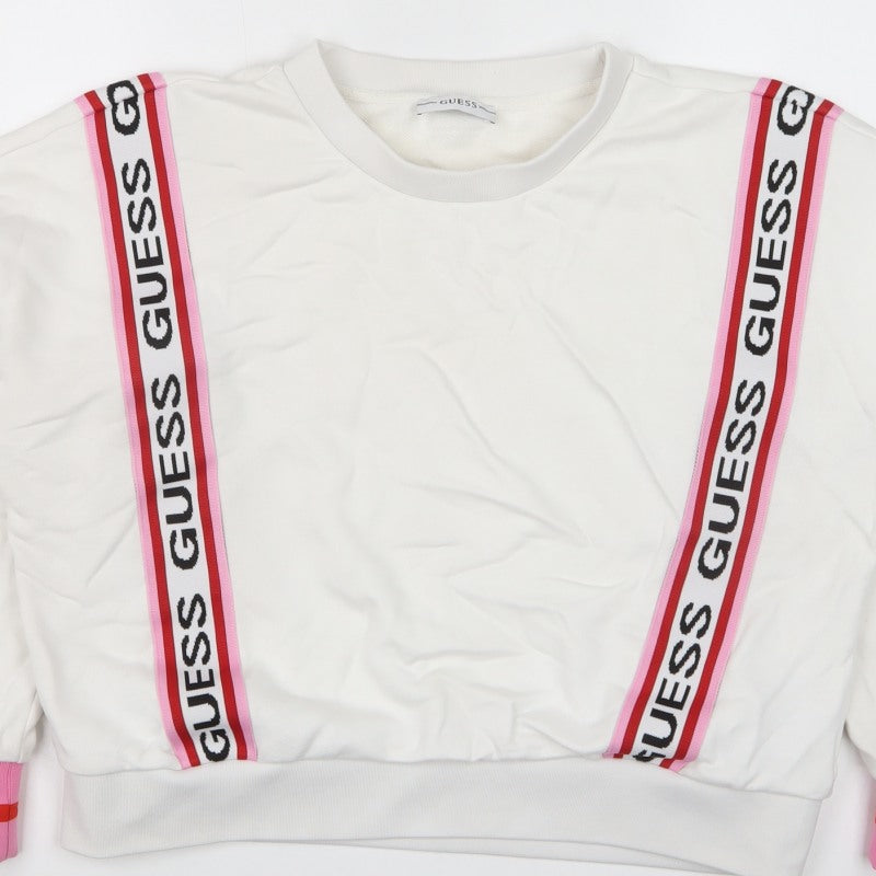 Guess Women’s White Pink Logo Tape Sweatshirt UK 6 Pullover