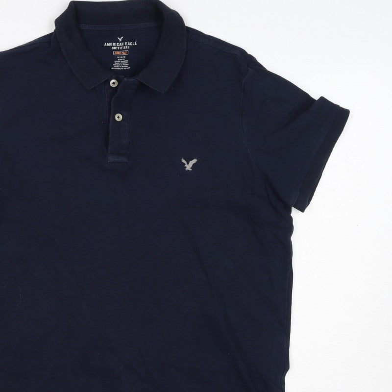 American Eagle Men Blue M Core Flex Slim Fit Short Sleeve Polo