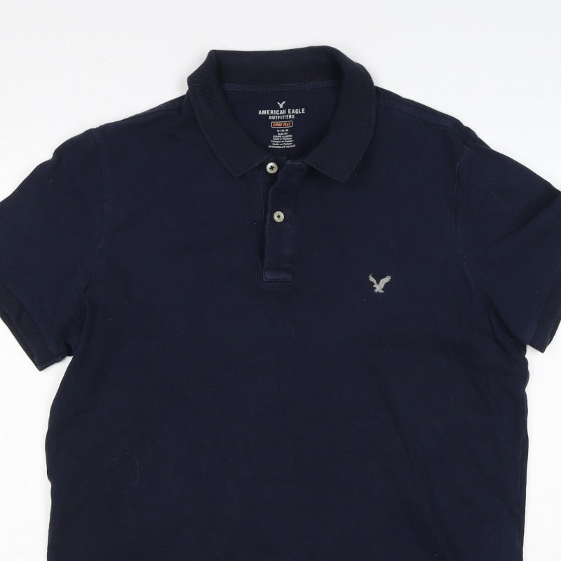 American Eagle Men Blue M Core Flex Slim Fit Short Sleeve Polo