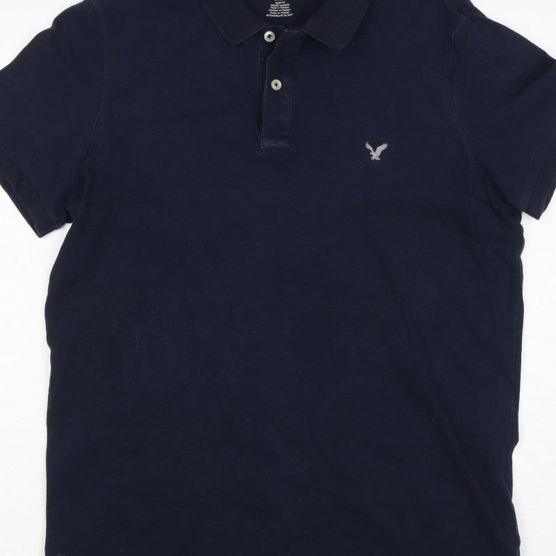American Eagle Men Blue M Core Flex Slim Fit Short Sleeve Polo