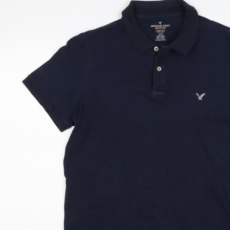 American Eagle Men Blue M Core Flex Slim Fit Short Sleeve Polo