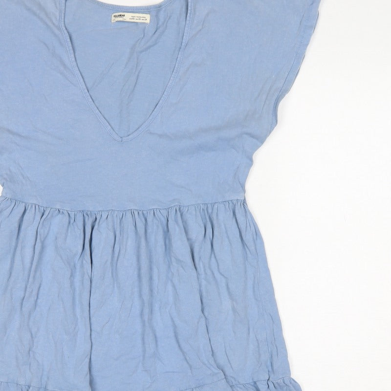Pull&Bear Women Blue XS Cotton Fit & Flare Ruffle Short Dress
