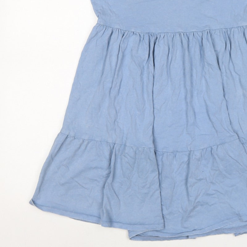 Pull&Bear Women Blue XS Cotton Fit & Flare Ruffle Short Dress