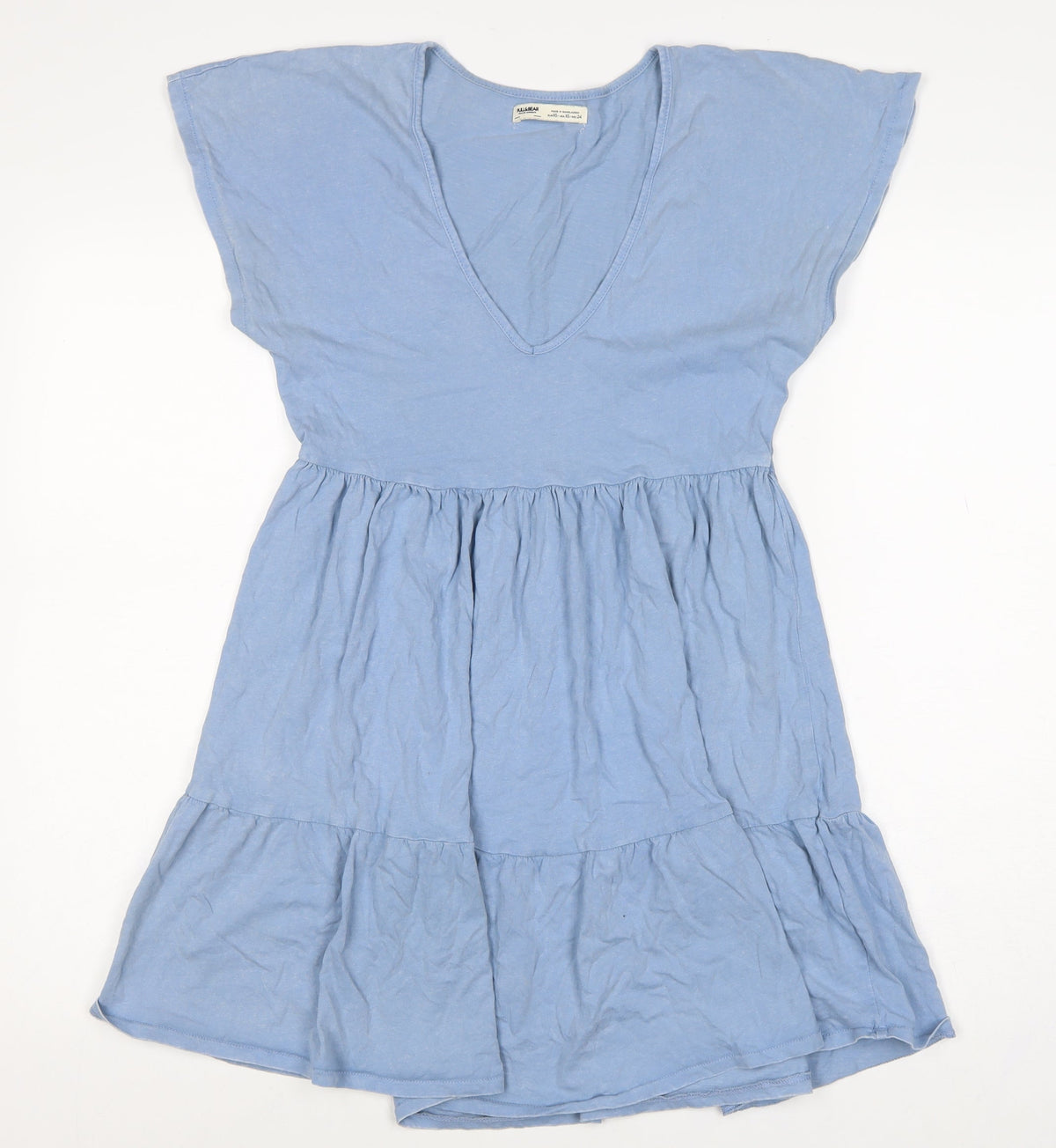 Pull&Bear Women Blue XS Cotton Fit & Flare Ruffle Short Dress