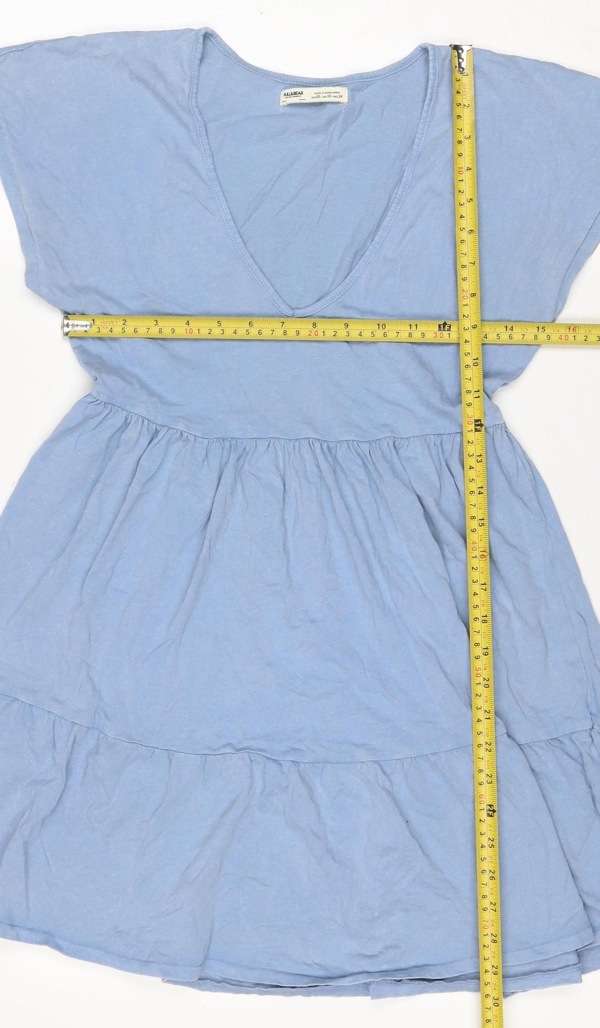 Pull&Bear Women Blue XS Cotton Fit & Flare Ruffle Short Dress