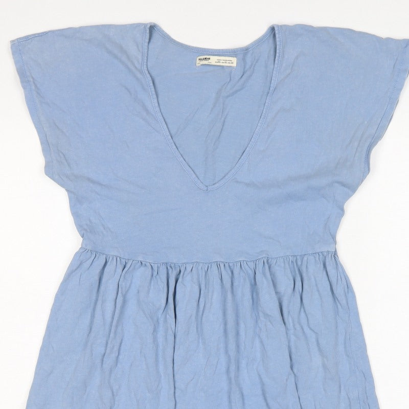 Pull&Bear Women Blue XS Cotton Fit & Flare Ruffle Short Dress