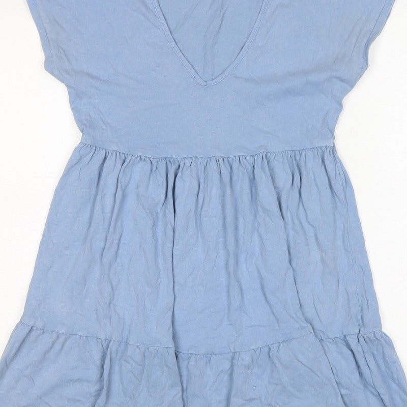 Pull&Bear Women Blue XS Cotton Fit & Flare Ruffle Short Dress