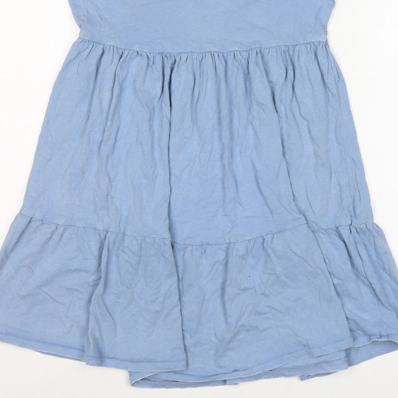 Pull&Bear Women Blue XS Cotton Fit & Flare Ruffle Short Dress