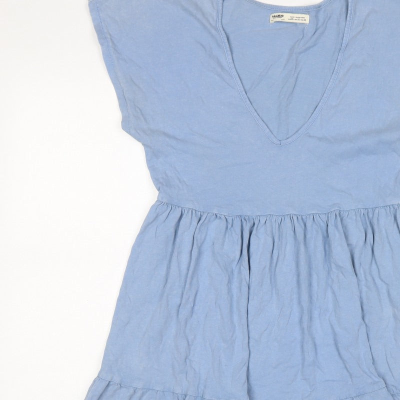 Pull&Bear Women Blue XS Cotton Fit & Flare Ruffle Short Dress