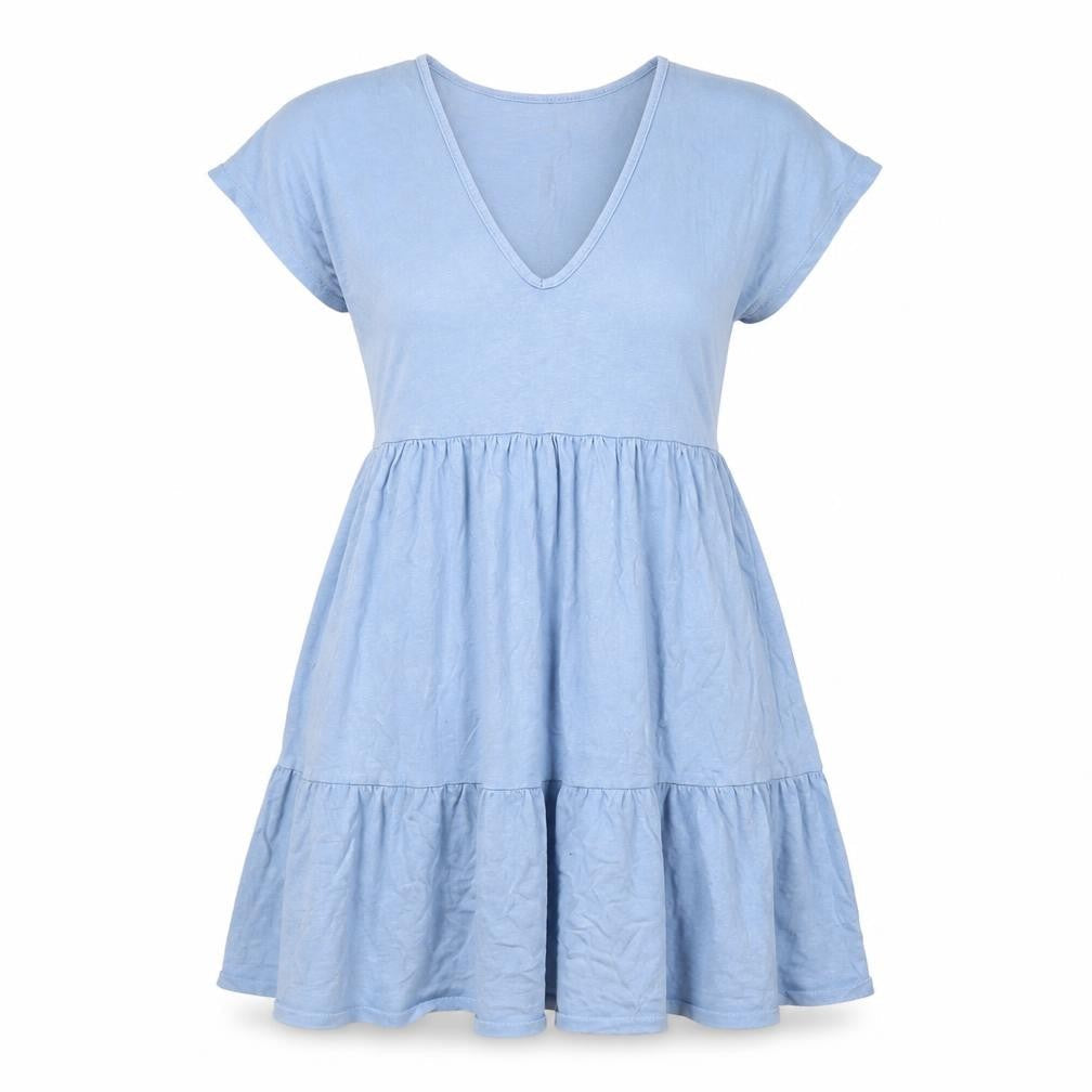 Pull&Bear Women Blue XS Cotton Fit & Flare Ruffle Short Dress