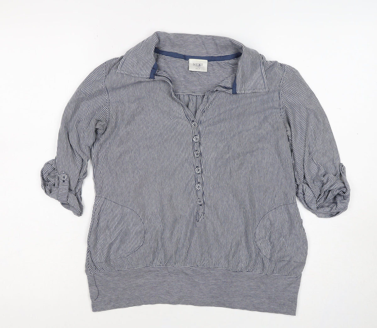 Next Women’s Blue Striped Tunic Blouse UK 10 Collared Roll Tab