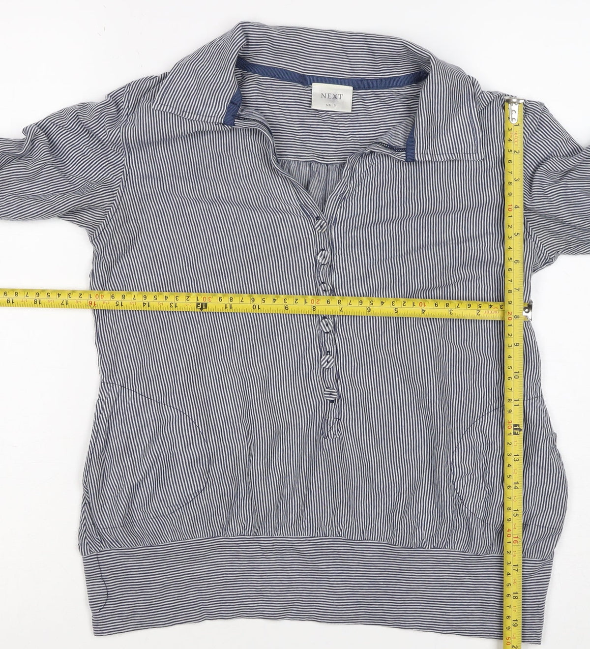 Next Women’s Blue Striped Tunic Blouse UK 10 Collared Roll Tab