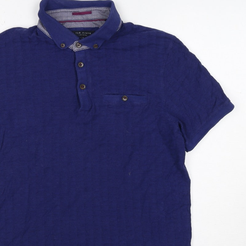 Ted Baker Men's Blue M Short Sleeve Button-Down Cotton Modal Polo Shirt