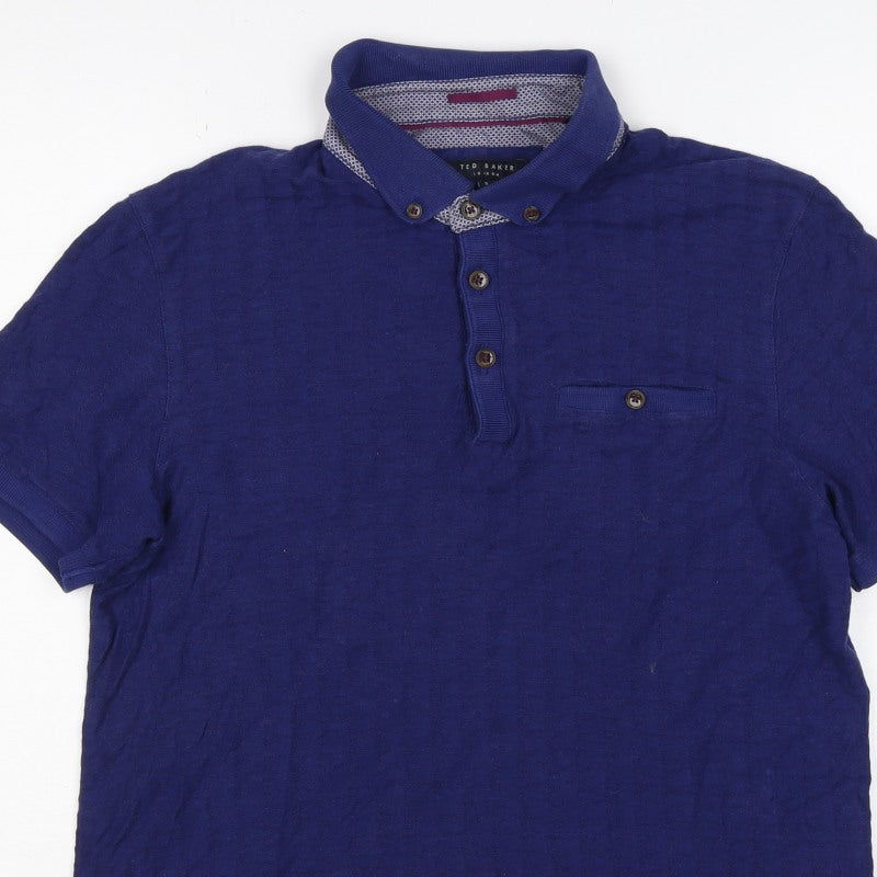 Ted Baker Men's Blue M Short Sleeve Button-Down Cotton Modal Polo Shirt