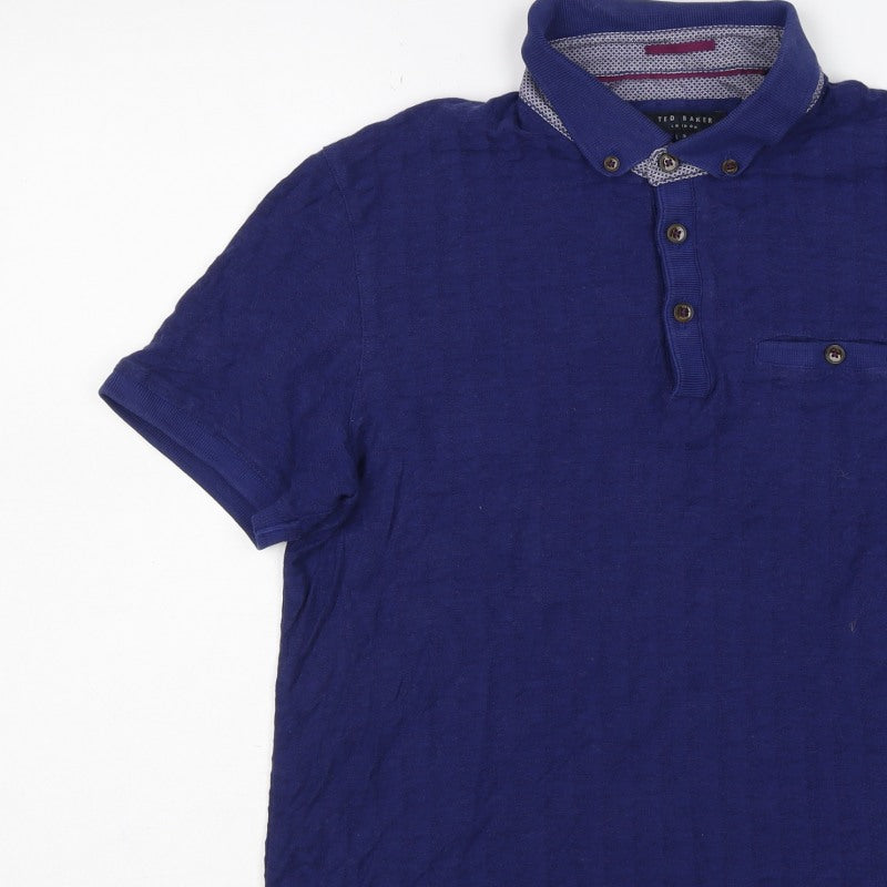 Ted Baker Men's Blue M Short Sleeve Button-Down Cotton Modal Polo Shirt